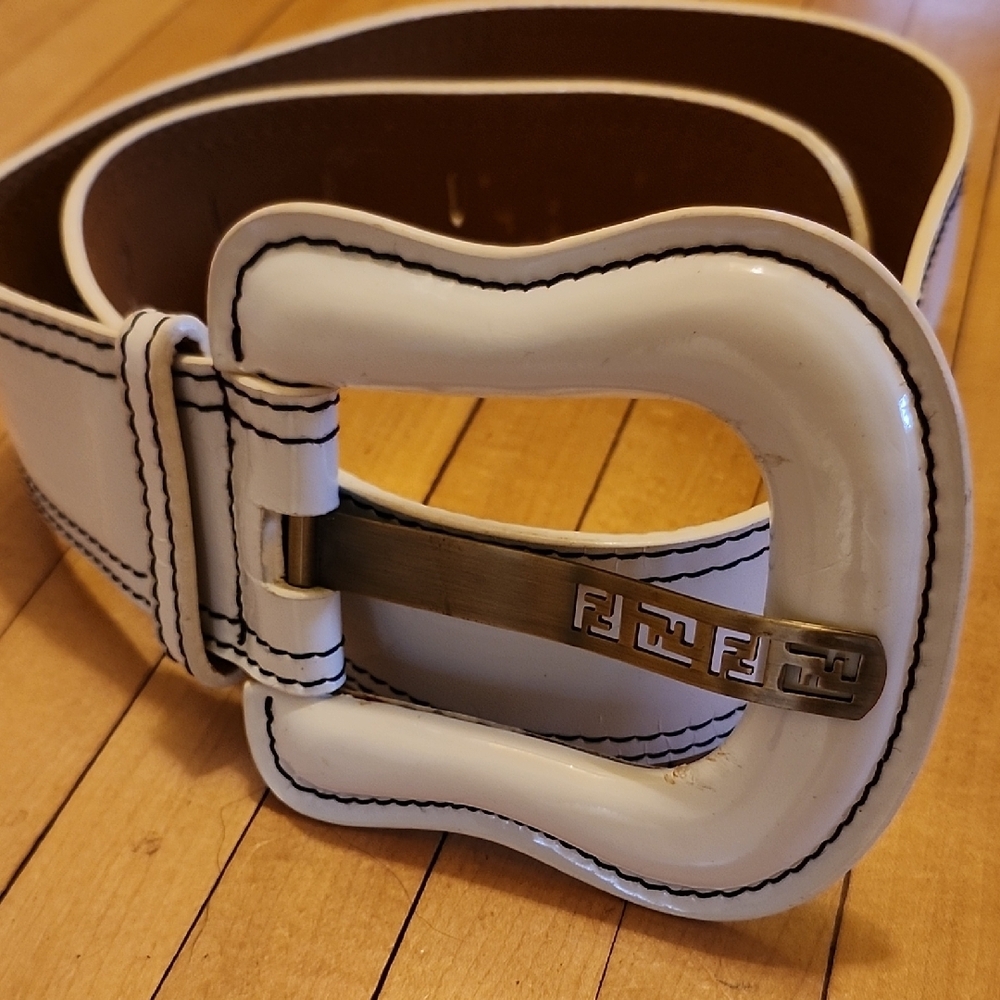 Fendi White Designer Belt with Gold Buckle